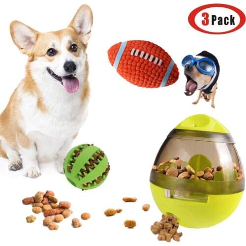 Dog cat Ball Feeder IQ Training Toy Set,Interactive Food Dispenser Tumbler,Tooth Cleaning Chewing Toy,Rubber Rugby Football toy
