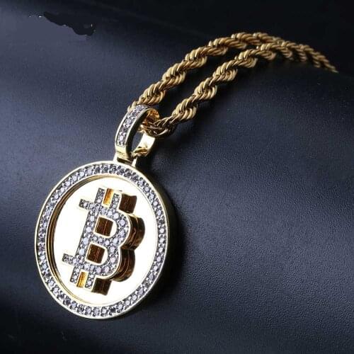 New fashion Hip Hop Iced Out Gold Color Plated Bitcoin Pendant Necklace Micro Pave Zircon With 60cm Rope Chain or Cuban Chain