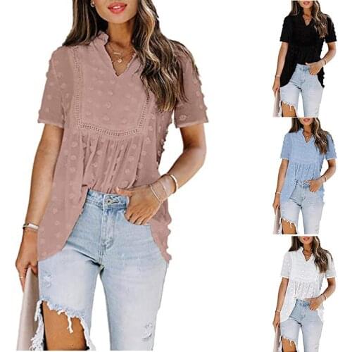 Simple Solid Color T-Shirt Lace Stitching Polka Dot Bohemian Sweet Fresh Casual Loose Chiffon Short Sleeve Female T-shirts