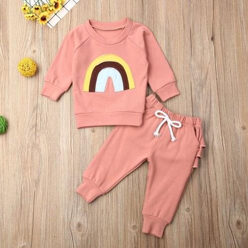 Pudcoco Newborn Baby Girl Clothes Solid Color Rainbow Print Long Sleeve Tops Ruffle Long Pants 2Pcs Outfits Cotton Clothes