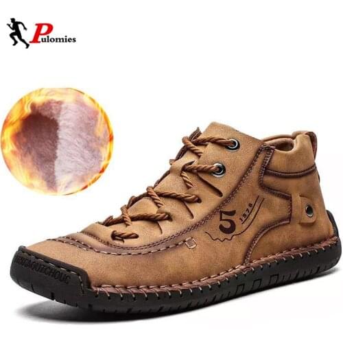 Pulomies Comfortable Men Ankle Boots Warm Fur Plush Leather Shoes Winter Shoes For Men High Quality Snow Boots Plus size 38~48