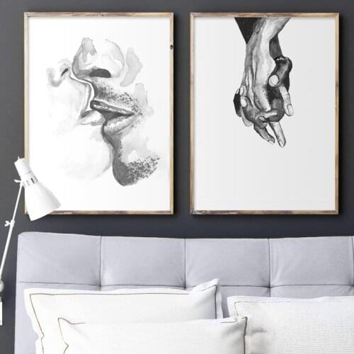 Nordic Black White Couple Kiss Hand In Hand Canvas Painting Wall Art Posters Minimalist Print Pictures for Room Decor Home Decor