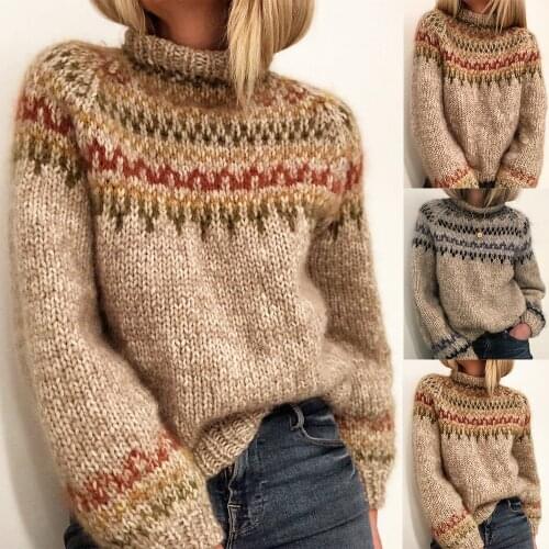 Women Half Turtleneck Sweater Casual Vintage Print Loose Long Sleeve Knitted Pullovers Autumn Winter Fashion Thick Warm Sweaters