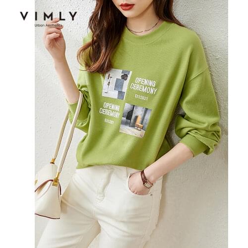 Vimly Spring Hoodies For Women New Fashion O Neck Letter Printed Loose Sweatshirts Casual Cotton Pullover Female Tops F6559