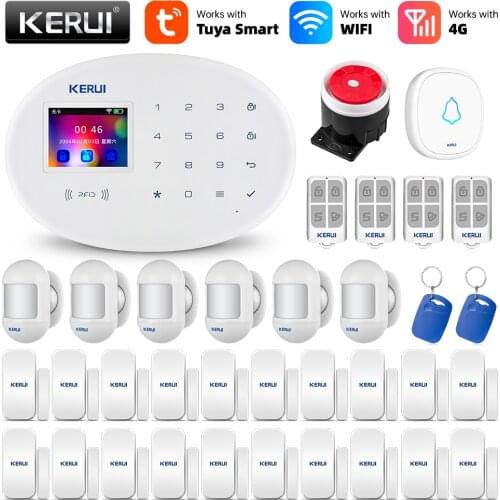 KERUI Tuya Smart Alarm System Kit WIFI GSM 4G Home Security APP Remote Control Full Color Touch Panel Burglar PIR Motion Sensor