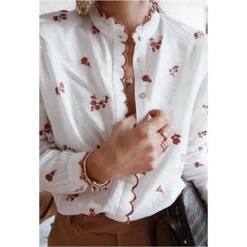 ElfStyle White Cotton Embroidery Flower & Embroidered Trim Blouse Shirt - 2020 Spring Summer Women Vintage Style Top