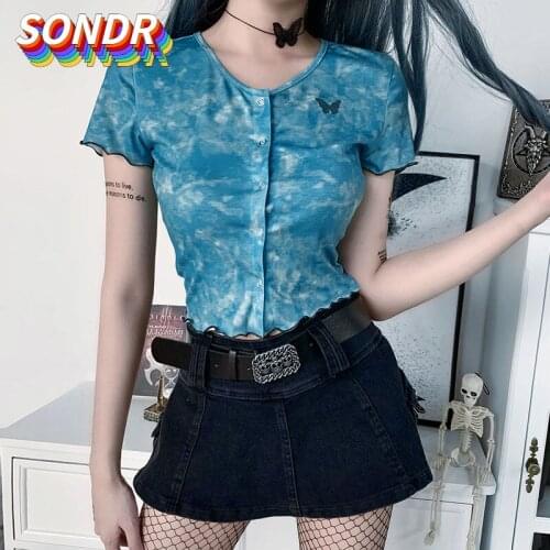 SONDR Womens Summer New Ins Top Womens Short Sleeve Tie Dye Butterfly Embroidery Slim Fit T-shirt