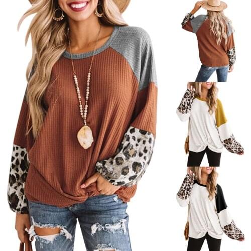 Women’s Casual Long Sleeve Knitted Shirt Fashion Leopard Stitching Round Neck Pullover Tops