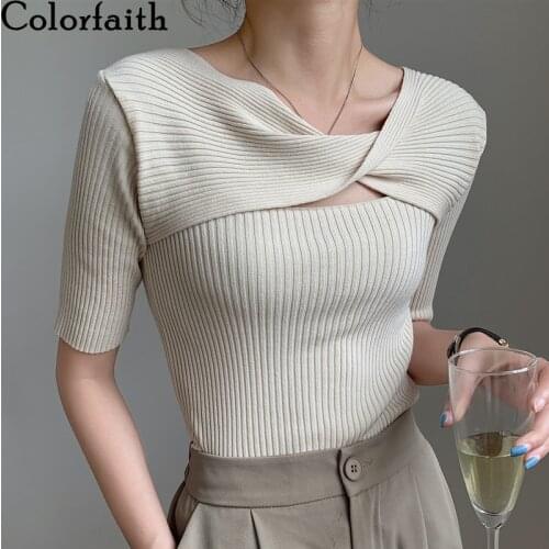 Colorfaith New 2021 Women Summer T-Shirt Bottoming Basic Solid Fashionable Knitted Cutout Korean Style Wild Lady Tops T25007