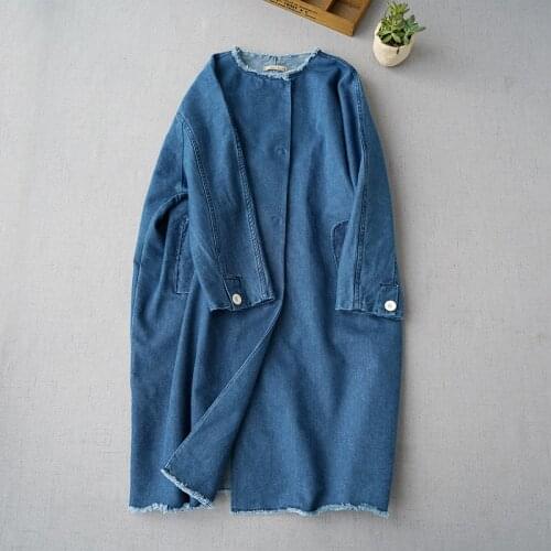 Womens autumn and winter wide texture denim coat medium length thin denim windbreaker casual Robe