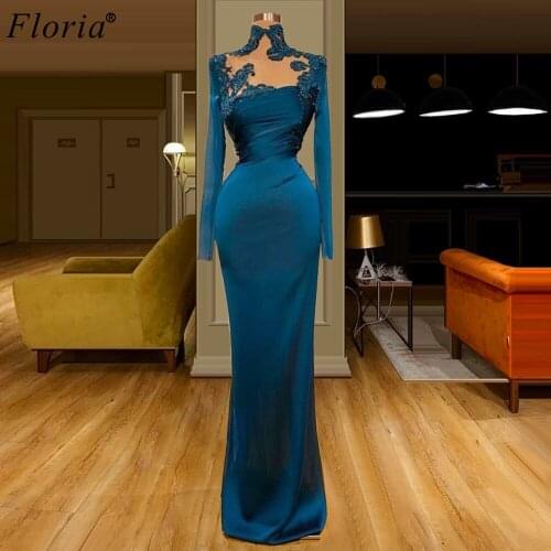 Платье Navy Blue Formal Evening Dresses Long Sleeves Appliques Prom Dresses Elegant Muslim Dresses Woman Party Night Vestidos