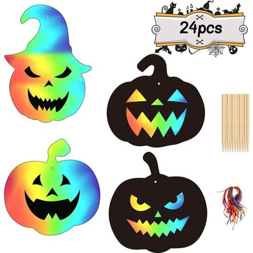 METABLE 24 Pcs Scratch Art Pumpkin 4 With 12 Pcs Wooden Pencil And 48 Pcs Colored Of the Rope DIY Halloween Decoration For Kids