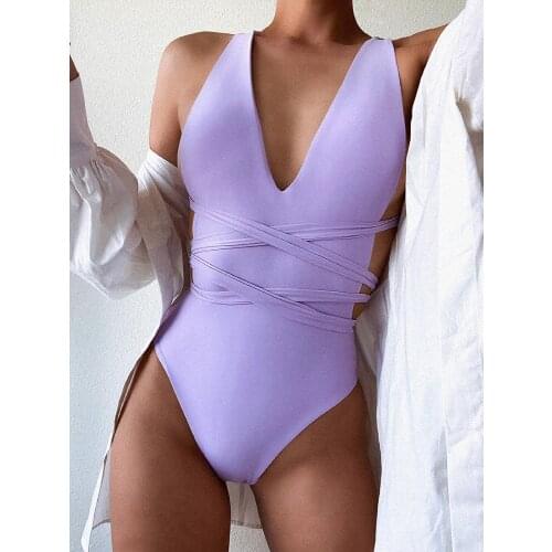One Piece Pure Bodysuit Deep V Push Up Swimwear Women Brazilian Bikini Bandage Swimsuit 2020 Backless Bathing Suits Monokini