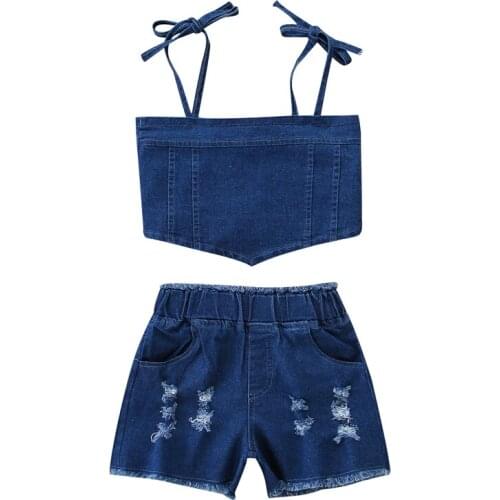 2021 Girls Denim Outfits Fashion Sleeveless Single Breasted Tie Strap Tops + Ripped Short Pants with Pocket Set Childrens Sets
