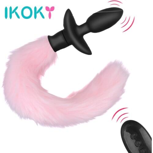 IKOKY Remote Control Fox Tail Anal Plug Vibrator Anus Dilator Butt Plug 10 Frequency Adult Game Cosplay Sex Toys For Couples
