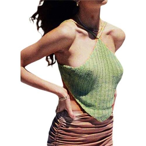 Womens Crop Cami Tops, Sleeveless Criss Cross Self-Tie Backless Solid Color Crochet Camisole