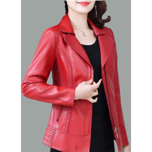 2021 Women Leather Jackets Spring Autumn Female PU Silm Leather Jackets Ladies Collar Red Motor Biker Coats Oversized 6XL H1076