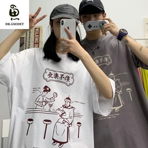 GSODET Summer T-Shirt Couple Cotton Harajuku Chinese Style Creative Comics Mens and Womens Half-Sleeved Loose O-Neck Tops