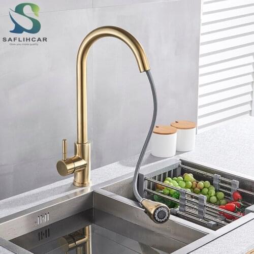 Brushed Gold Kitchen Fauce Pull-out Type Hot and Cold Faucet Single Hole Single Handle Faucet Install Faucet on Kitchen Deck