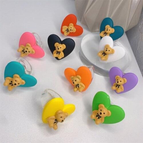 Sweet Multicolor Resin Peach Heart Shape Ring Cute Cartoon Animal Bear Rings for Women Unisex Party Fashion Accessories Harajuku
