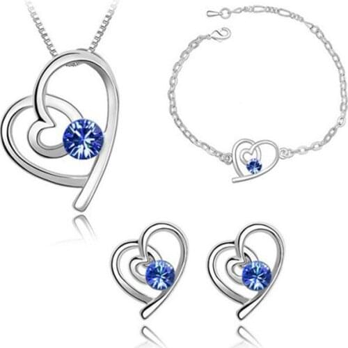 Natural, blue crystal jewelry set necklace earrings bracelet, real 925 sterling silver ladies engagement bride Christmas gift