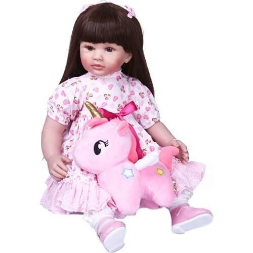 Original NPK 60CM lifelike reborn toddler girl princess doll in pink dress with toy beautiful smile face baby birtyday Gift