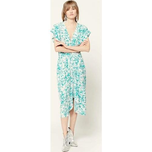 2021SS 2022 Spring Summer Woman Lake Green Floral Printed Viscose Midi Dress V-neck Slim Waist Sleeveless Fashion Robe High Qual
