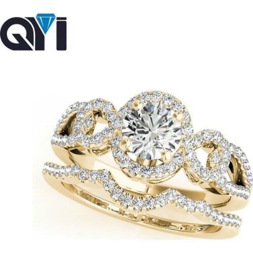 QYI 1ct Solid 14K Yellow Gold Halo Engagement Ring Sets For Women Round Cut Simulated Diamond Bridal Jewelry Wedding Ring