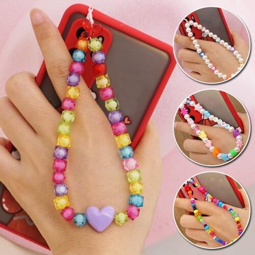 Trendy Plastic Beads Mobile Phone Chain Lanyard Strap Anti-lost Phone Case Hanging Cord Rope Necklace for Women 2021 New
