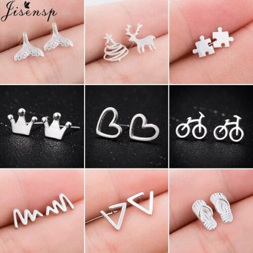 Jisensp Small Cartoon Animal Earrings for Women Girls Fashion Heart Bicycle Crown Puzzle Earings Jewelry Geometric Studs Bijoux