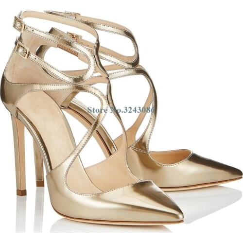 Gold Silver Faux Sheepskin Pointed Toe Thin High Heel Pumps Cross Tied Buckle Strap Stiletto Heel Pumps Elegant Banquet Shoes