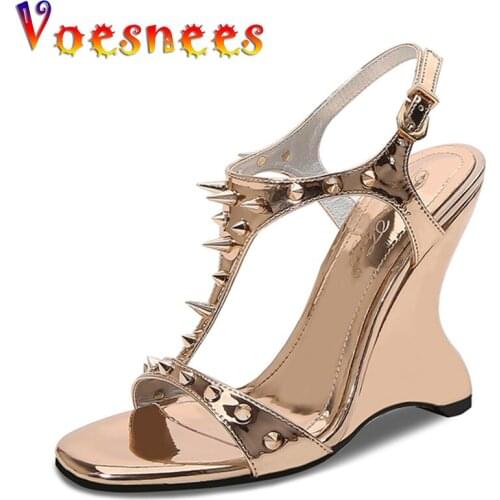 Voesnees 2021 New Women Sandals Fashion High Heels Rivet Anti-wolf Wedges 10 cm Slippers Open Toe Soft Sole Golden Women Shoes