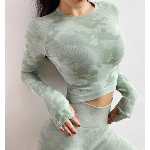 SALSPOR Camo Seamless T-Shirt Women Fitness Nine Points Top Long Sleeves T-Shirt Female Casual Workout Push Up Skinny T-Shirt
