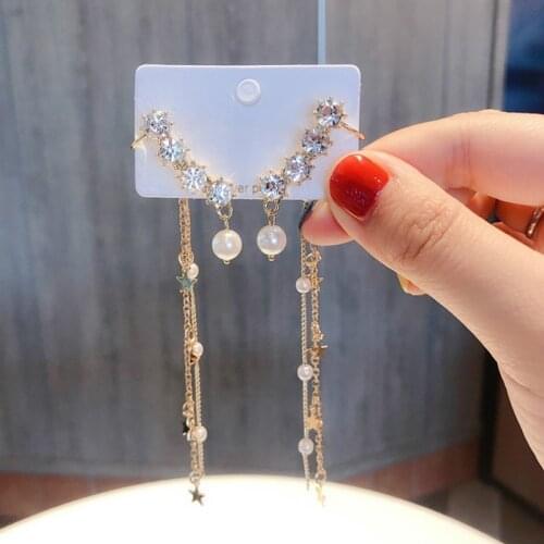 Trendy Crystal Water Drop Women Dangle Earrings Pearl Fringed Earrings Long Pentagonal Star Earrings Bohemian Earrings