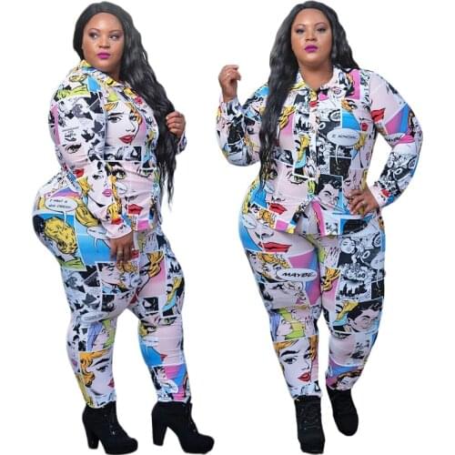 Chic Women Cartoon Print Shirt Two Piece Sets Plus Size Turn-down Collar Single-Breasted Blouse High Waist Pants Spring Outfits