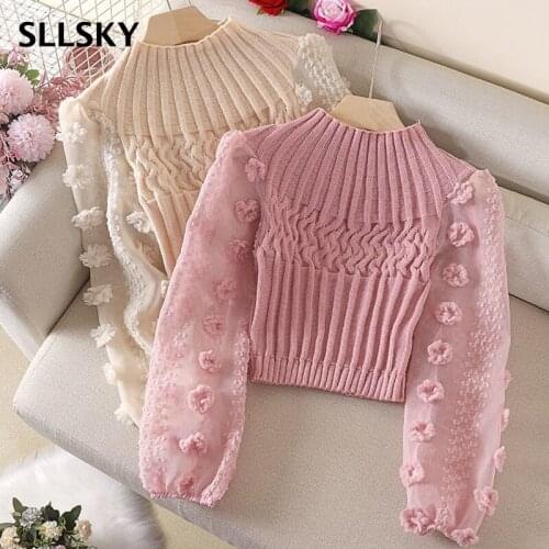 SLLSKY Knitted Chiffon Patchwork Sweater Women Spring Autumn New O-Neck Slim Short Pullovers Sweet Puff Sleeve Female Sweater