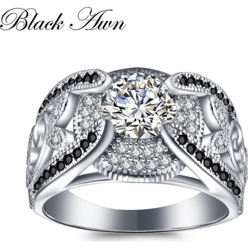 [BLACK AWN] 5.4Gram Genuine 925 Sterling Silver Jewelry Rings for Women Black&White Stone Femme Bague C321
