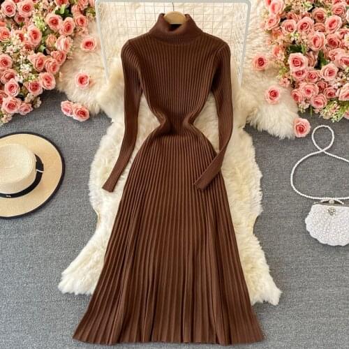 SINGREIN Women Pleated Knitted Dress Stand Collar Long Sleeve Elastic Slim Pencil Dress Autumn Winter Sexy Bodycon Sweater Dress