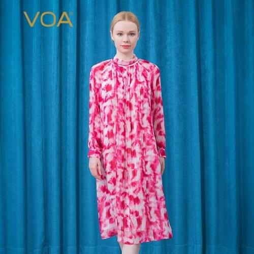 VOA Silk Georgette Red Cloud Tie-dyed Collar Strap One Button Long Sleeve Fold Double Refreshing Dress for Women AE899