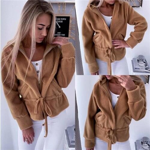 2020 Women Polar Fleece Hooded Jacket Winter Long Sleeve Soft Full Zip Sweatshirt Elastic Waist Coat for Outdoor Streetwear Coat