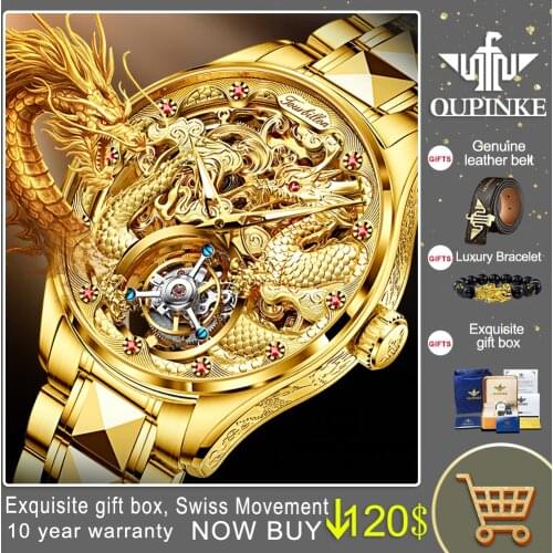 OUPINKE Top Brand Luxury Men Mechanical Automatic Watches Swiss Movement Waterproof Sapphire Mirror Tourbillon Skeleton