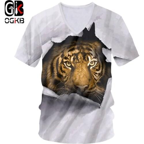 OGKB V Neck Tshirt Funny Skull Fish 3d T-shirts Tiger Dropshipping Casual Tee Shirt Harajuku Vintage Streetwear