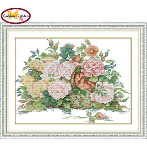 GG The Rose Flower Basket Stamped Cross Stitch Pattern DIY Kit Needlework Embroidery Sets Joy Sunday Cross Stitch for Home Decor