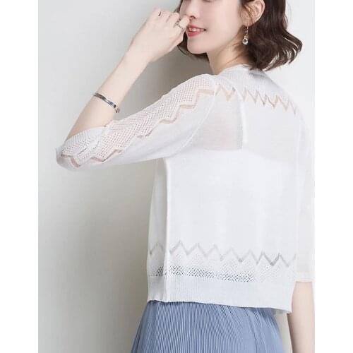 Women 2021 New Casual Knitted Coat Cardigan Summer Hollow Out Sun Protection Shawl Women Elegant Solid Color Short Cardigan L187