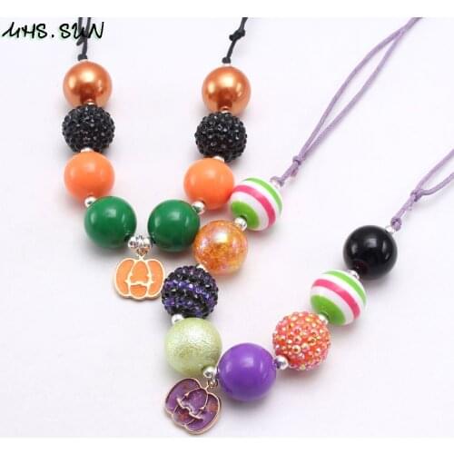 MHS.SUN halloween style baby chunky beaded necklace with pumpkin pendant adjustable rope chain jewelry for kids girls gift 1pc