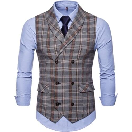 Vests Men 2021 Spring and Autumn High Quality Mens Checkered Striped Double Breasted Slim Business Casual Suit Waistcoat