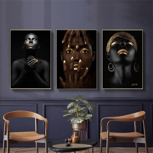 African Black Hand Gold Lip Nude Woman Canvas Painting Home Cuadros Posters and Prints Wall Art Pictures for Living Room Decor