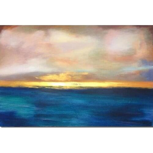 Wall Decor Abstract Blue Gold Painting Oil On Canvas Handmade Modern Art Landscape Sunset Ocean Artwork For Living Room Bedroom