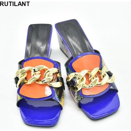 New Arrival Patent Leather Metal Chain Miexed Color Wedges Shoes for Women Nigerian Women Party Pumps Ladies Shoes and Sandals
