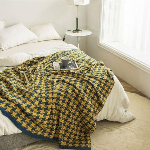 Papa&Mima Yellow Diamond Plaids Geometric Knitted Summer Quilted Thread Blanket Throws Cotton Nap Air-conditional Bedspread